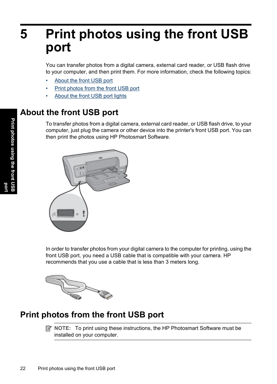 Print photos using the front usb port, About the front usb port, Print photos from the front usb port | 5 print photos using the front usb port, Print photos, Using the front usb port, Front usb port, 5print photos using the front usb port | HP Deskjet D4363 Printer User Manual | Page 25 / 137