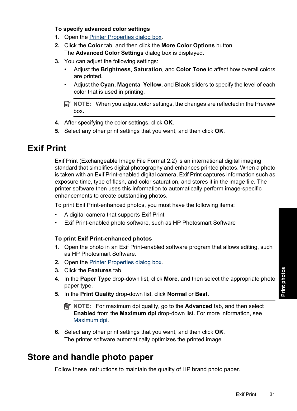 Exif print, Store and handle photo paper, Exif print store and handle photo paper | Photo paper storage instructions | HP Deskjet D4363 Printer User Manual | Page 34 / 137