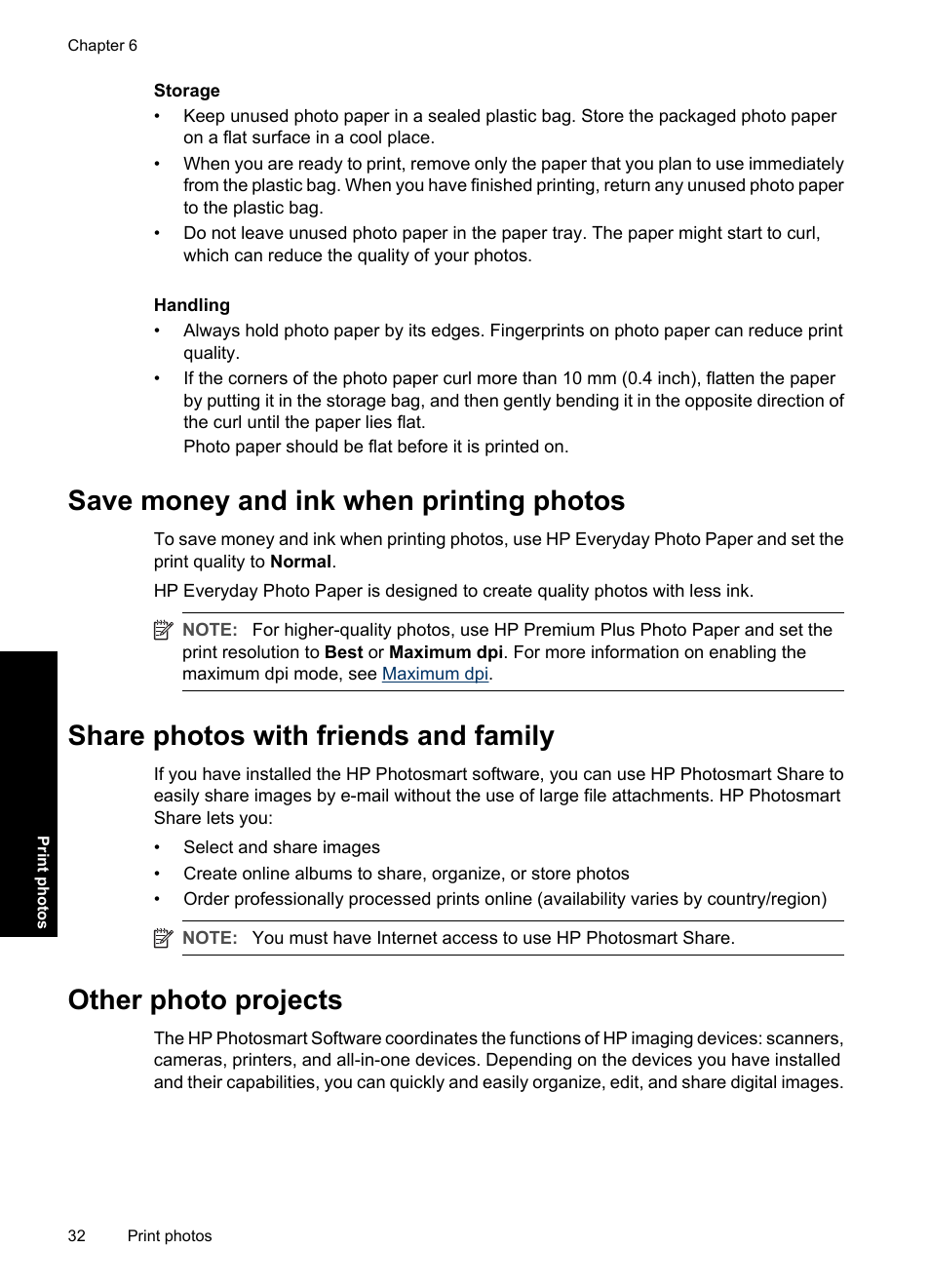 Save money and ink when printing photos, Share photos with friends and family, Other photo projects | Save, Money and ink when printing photos, Share photos with, Friends and family, Other photo, Projects | HP Deskjet D4363 Printer User Manual | Page 35 / 137