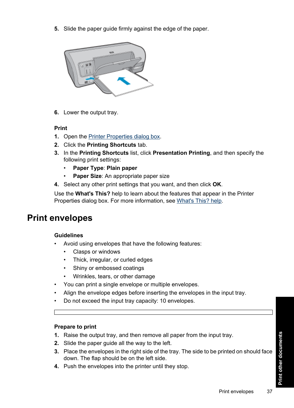 Print envelopes, Envelopes | HP Deskjet D4363 Printer User Manual | Page 40 / 137