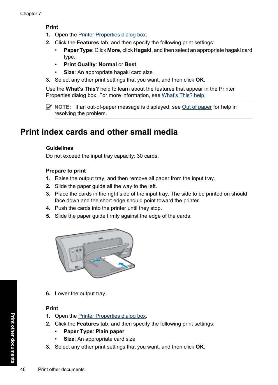 Print index cards and other small media, Index cards | HP Deskjet D4363 Printer User Manual | Page 43 / 137