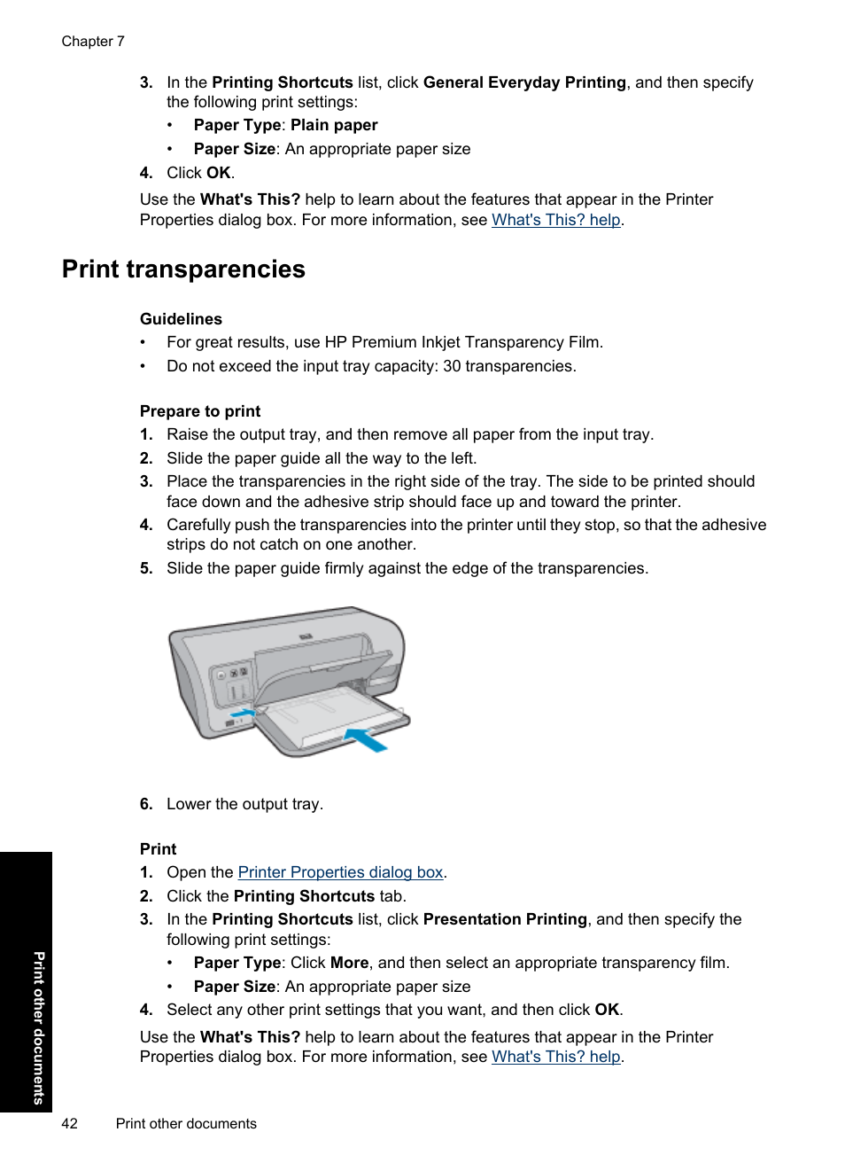 Print transparencies, Transparencies | HP Deskjet D4363 Printer User Manual | Page 45 / 137