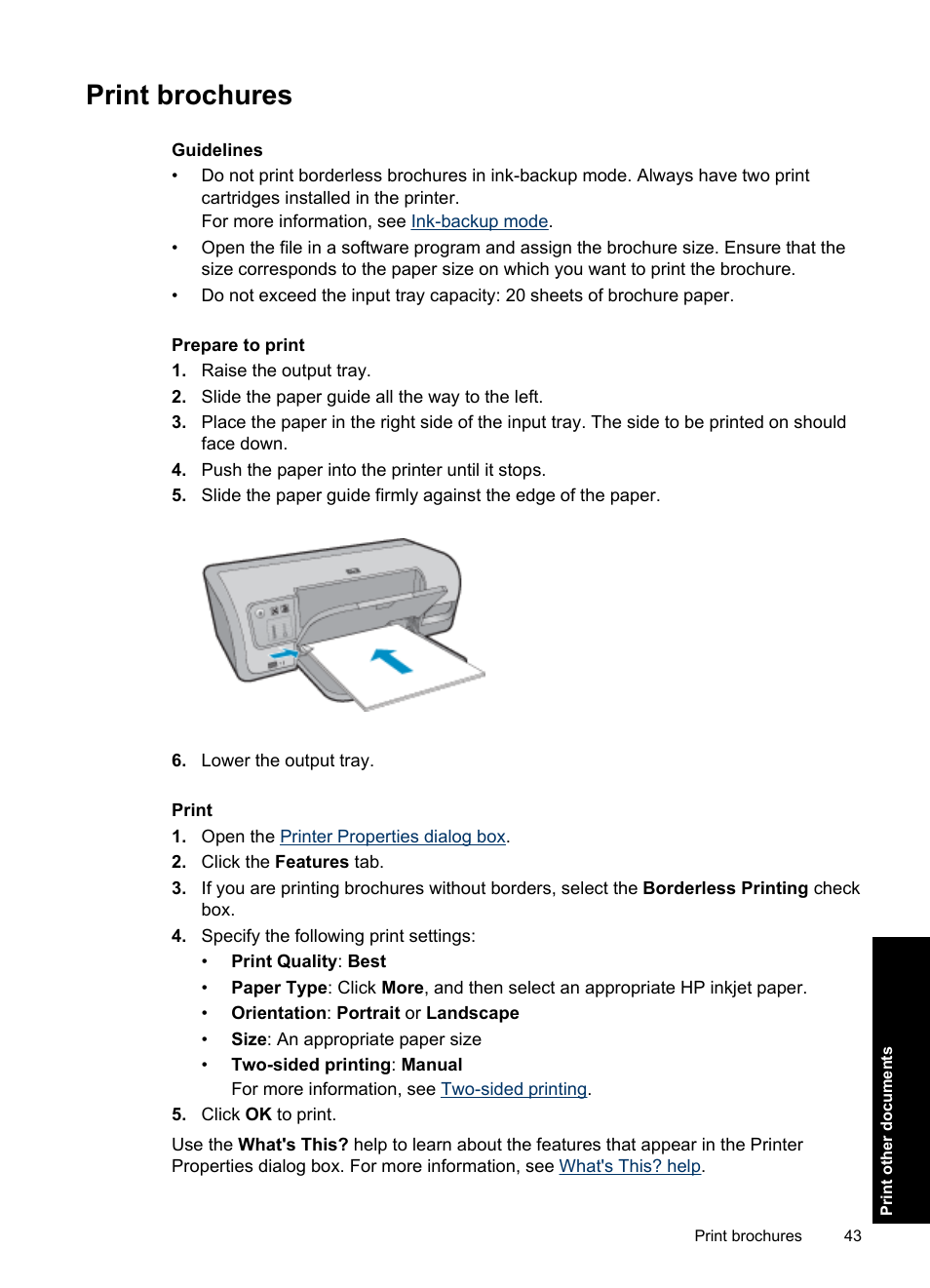 Print brochures, Print, Brochures | HP Deskjet D4363 Printer User Manual | Page 46 / 137