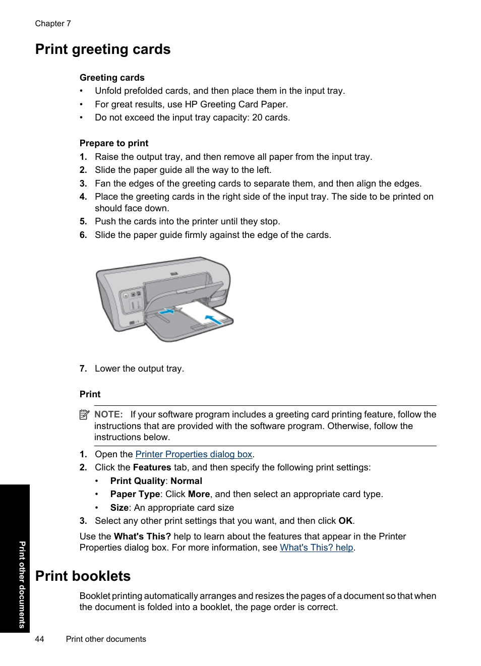 Print greeting cards, Print booklets, Print greeting cards print booklets | Greeting cards, Booklets | HP Deskjet D4363 Printer User Manual | Page 47 / 137