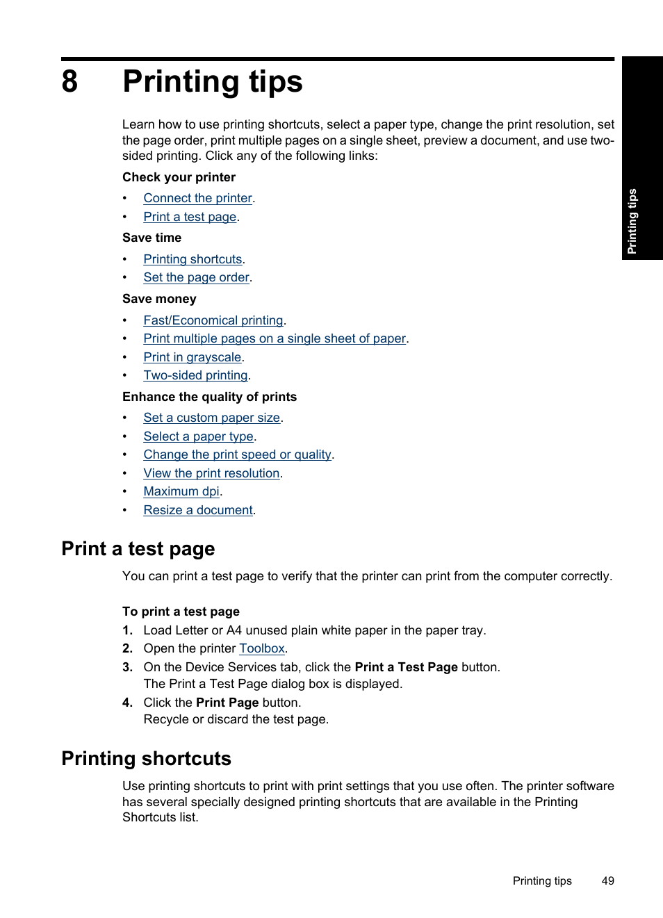 Printing tips, Printing shortcuts, 8 printing tips | 8printing tips, Print a test page | HP Deskjet D4363 Printer User Manual | Page 52 / 137