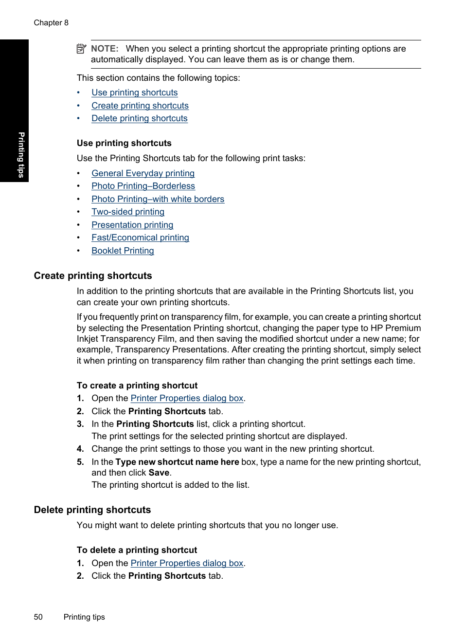 Create printing shortcuts, Delete printing shortcuts | HP Deskjet D4363 Printer User Manual | Page 53 / 137