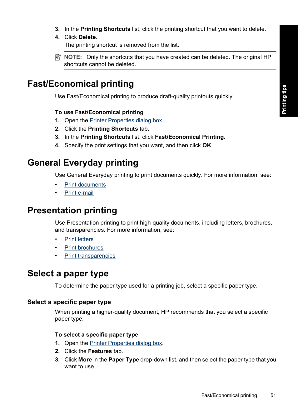 Fast/economical printing, General everyday printing, Presentation printing | Select a paper type, Select a specific paper type | HP Deskjet D4363 Printer User Manual | Page 54 / 137