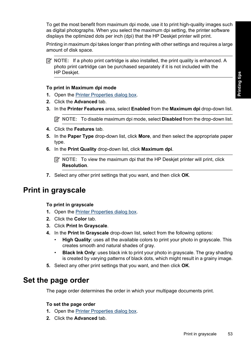 Print in grayscale, Set the page order | HP Deskjet D4363 Printer User Manual | Page 56 / 137