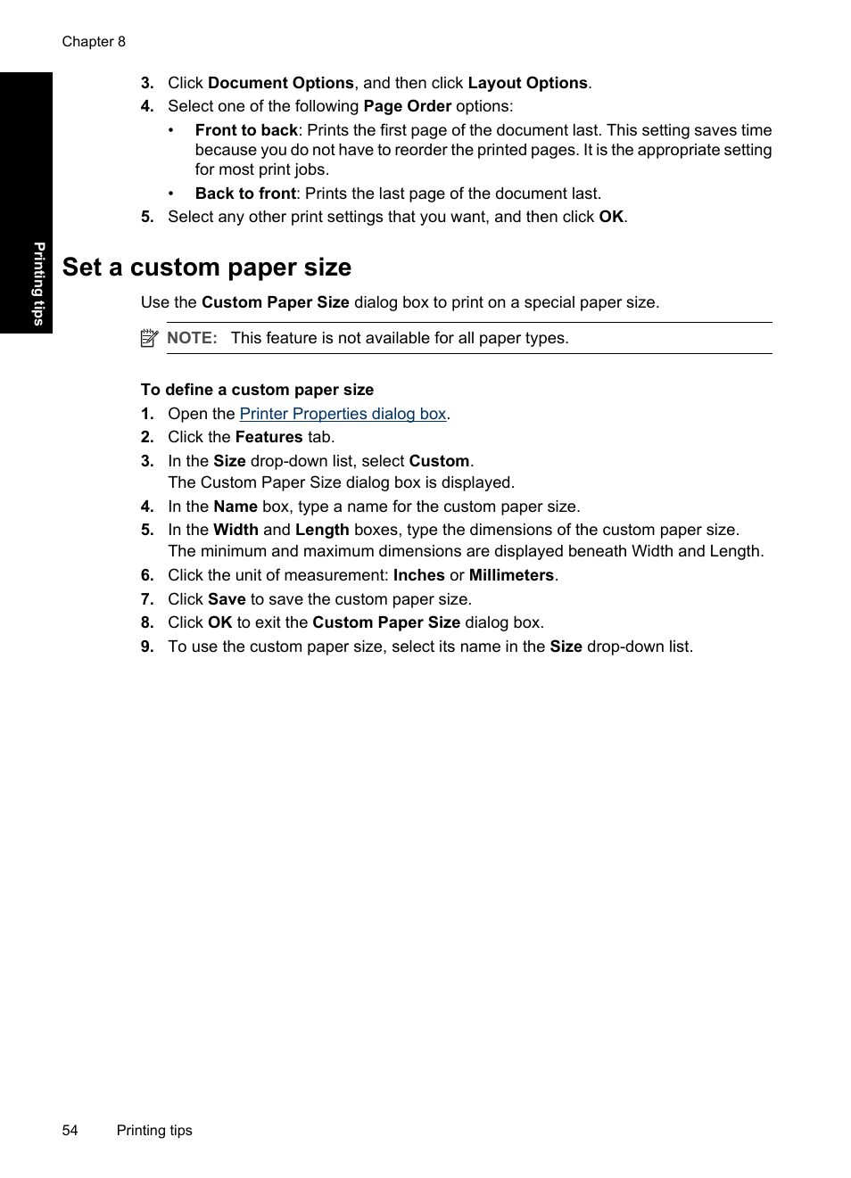 Set a custom paper size | HP Deskjet D4363 Printer User Manual | Page 57 / 137