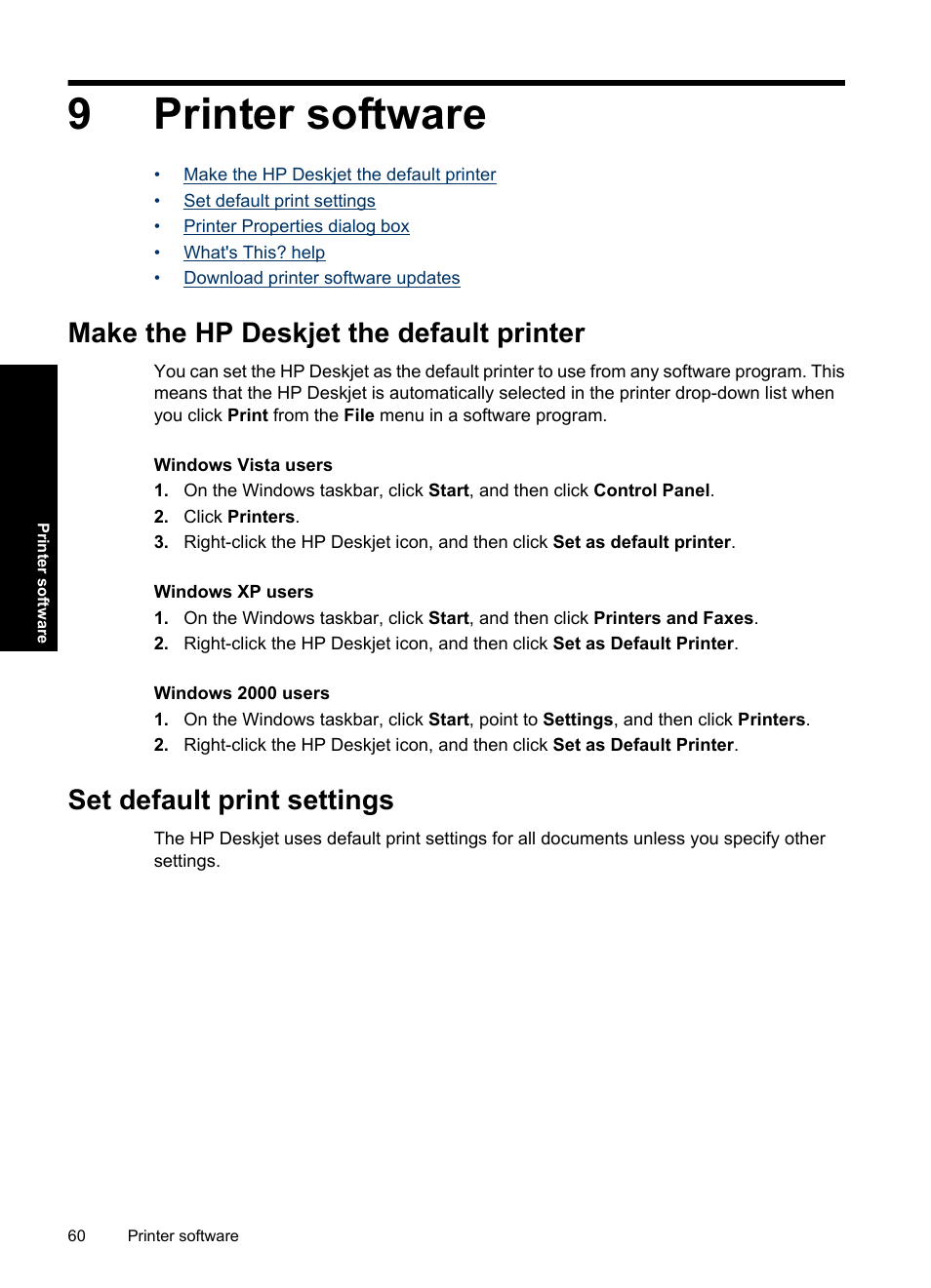 Printer software, Make the hp deskjet the default printer, Set default print settings | 9 printer software, 9printer software | HP Deskjet D4363 Printer User Manual | Page 63 / 137