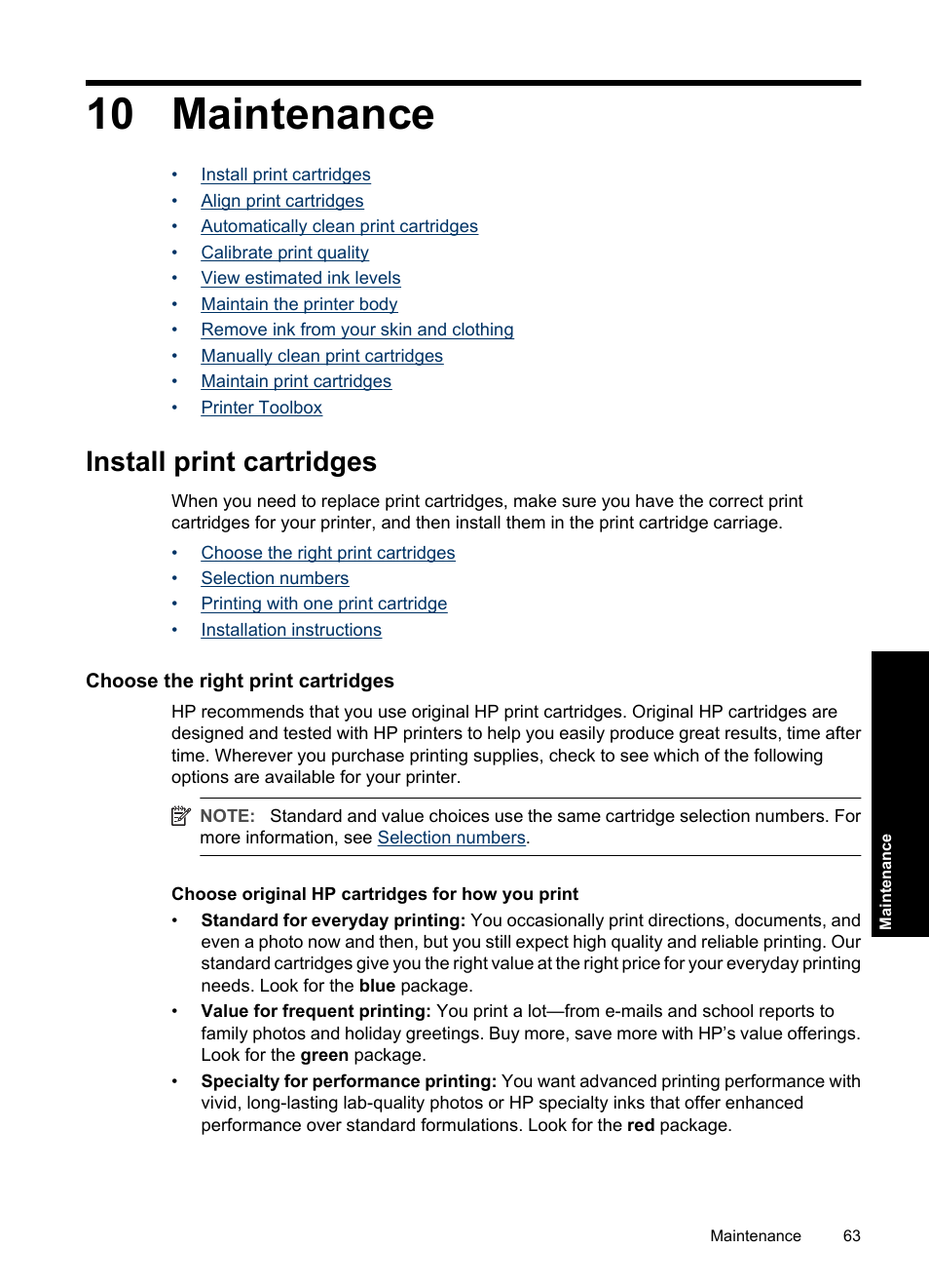 Maintenance, Install print cartridges, Choose the right print cartridges | 10 maintenance | HP Deskjet D4363 Printer User Manual | Page 66 / 137