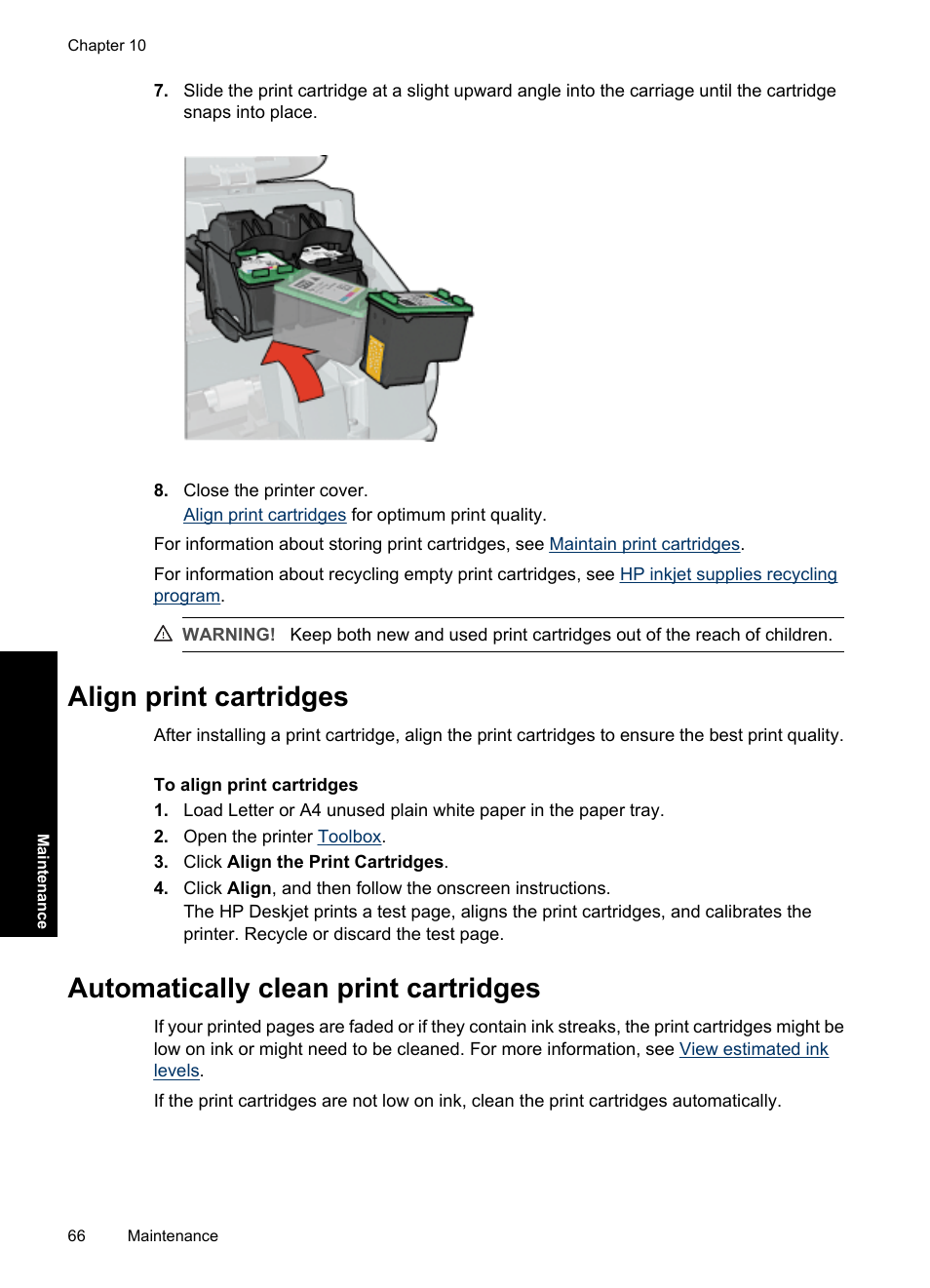 Align print cartridges, Automatically clean print cartridges | HP Deskjet D4363 Printer User Manual | Page 69 / 137