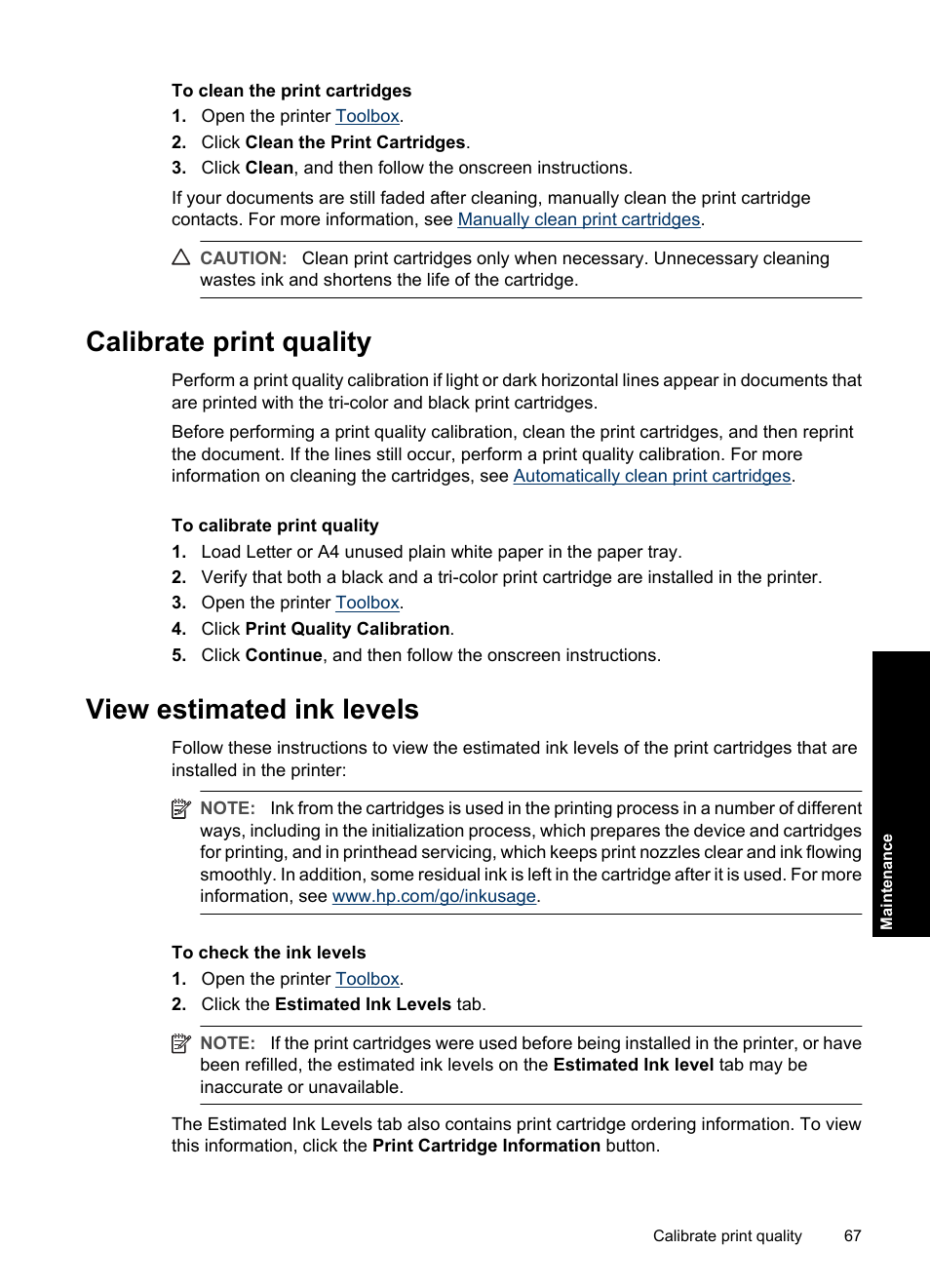 Calibrate print quality, View estimated ink levels, Calibrate print quality view estimated ink levels | View estimated ink, Levels | HP Deskjet D4363 Printer User Manual | Page 70 / 137