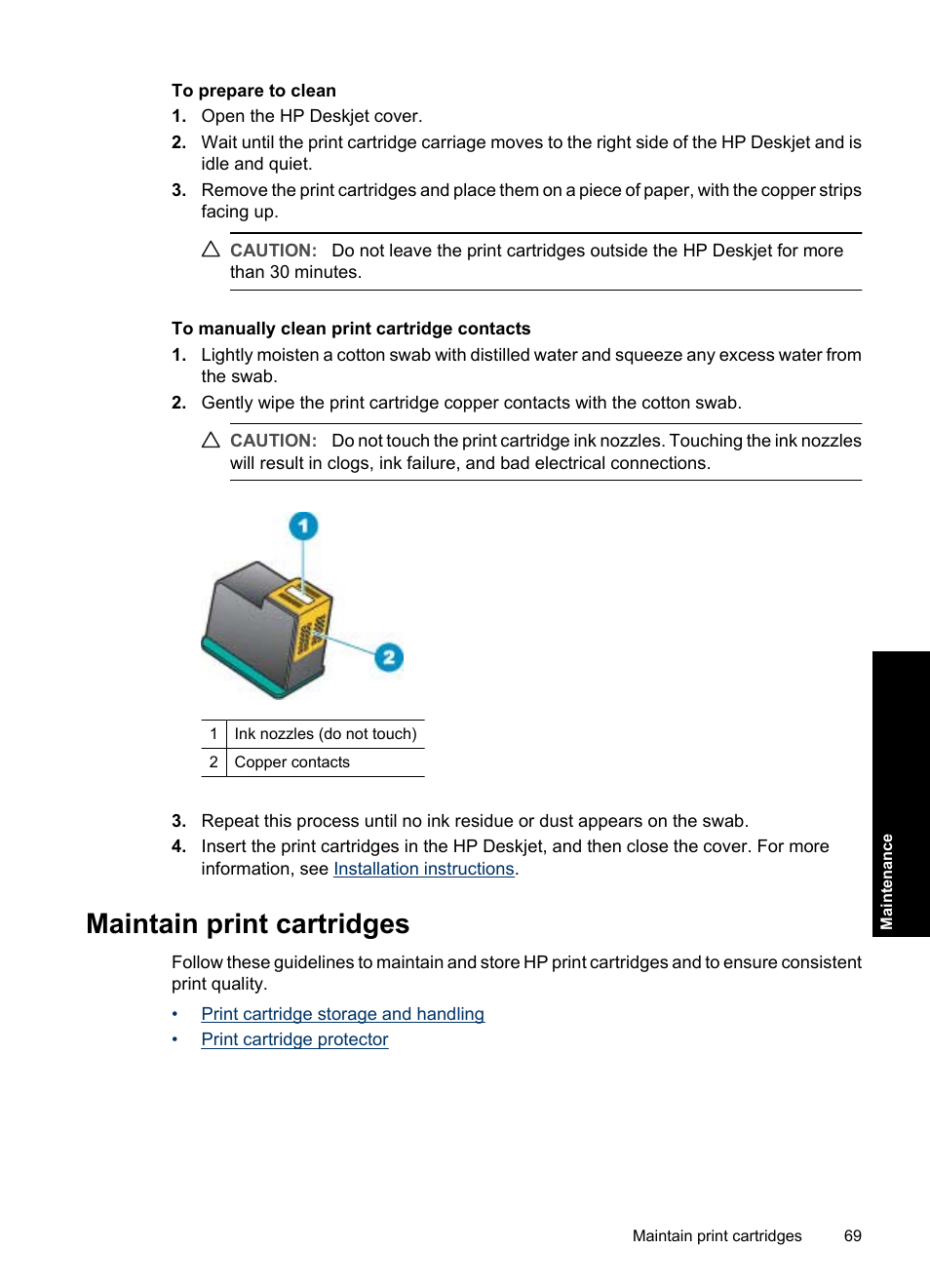 Maintain print cartridges, Maintain print, Cartridges | HP Deskjet D4363 Printer User Manual | Page 72 / 137