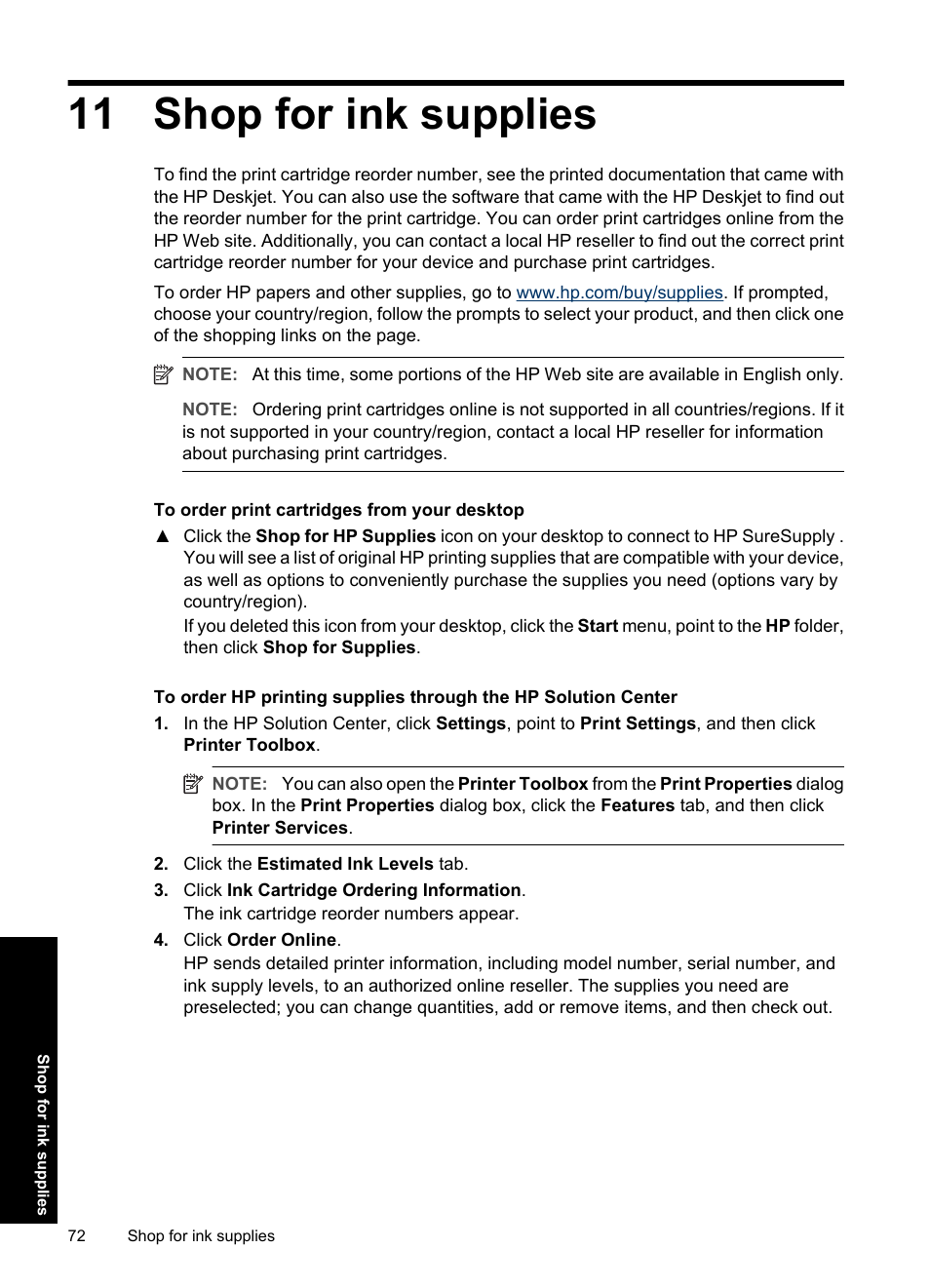 Shop for ink supplies, 11 shop for ink supplies | HP Deskjet D4363 Printer User Manual | Page 75 / 137