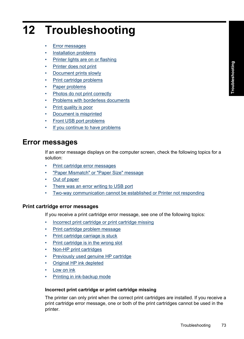 Troubleshooting, Error messages, Print cartridge error messages | 12 troubleshooting | HP Deskjet D4363 Printer User Manual | Page 76 / 137