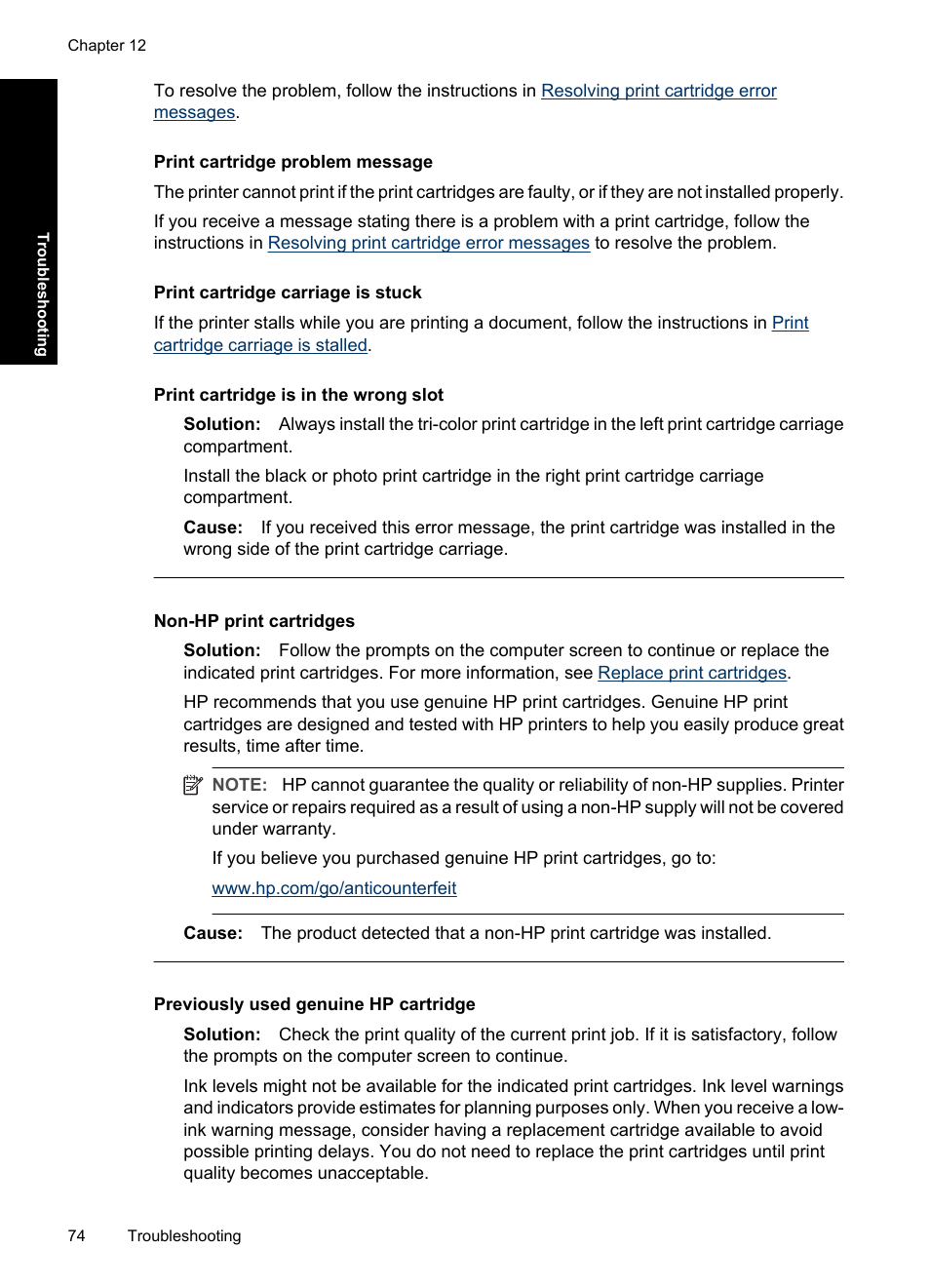 Print cartridge problem message, Print cartridge carriage is stuck, Print cartridge is in the wrong slot | Non-hp print cartridges, Previously used genuine hp cartridge | HP Deskjet D4363 Printer User Manual | Page 77 / 137