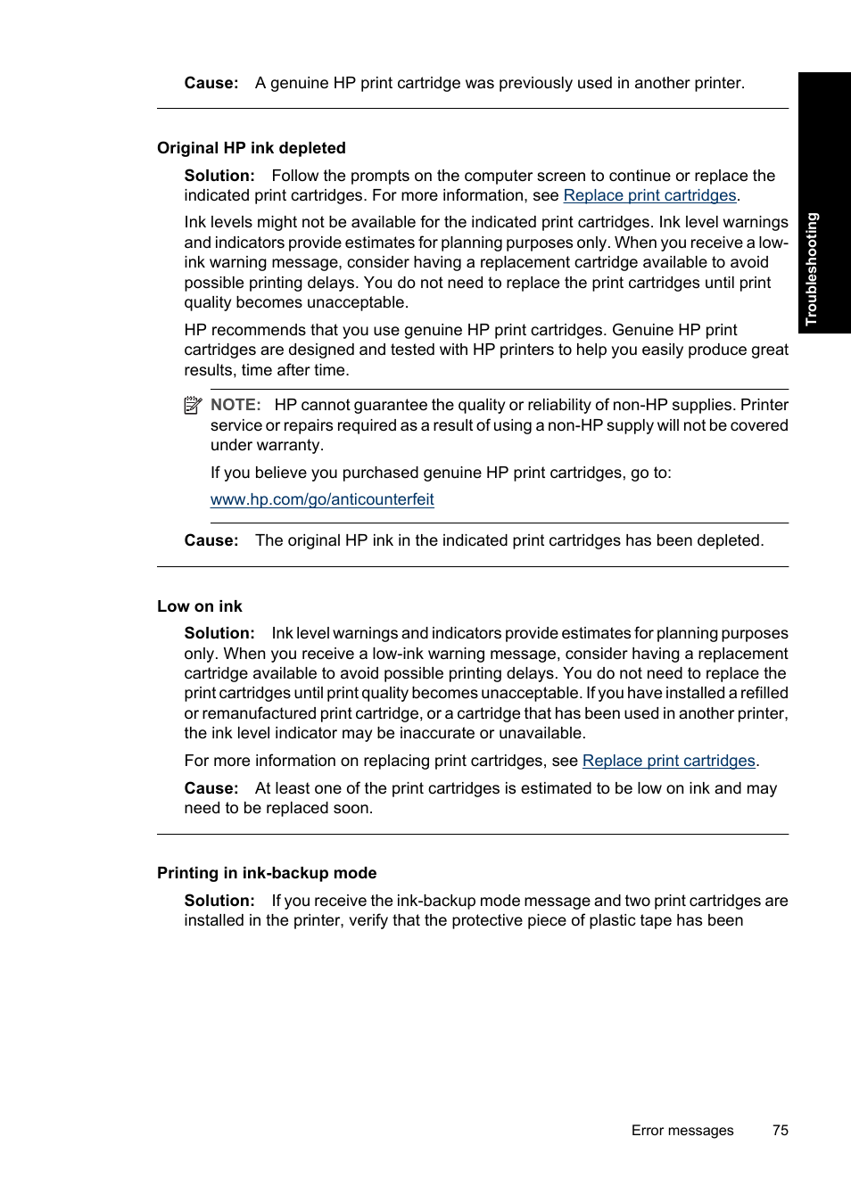 Original hp ink depleted, Low on ink, Printing in ink-backup mode | HP Deskjet D4363 Printer User Manual | Page 78 / 137