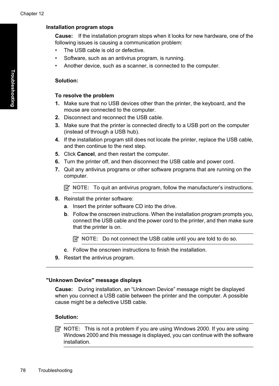 Installation program stops, Unknown device" message displays | HP Deskjet D4363 Printer User Manual | Page 81 / 137