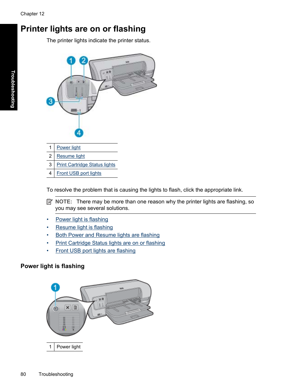 Printer lights are on or flashing, Power light is flashing | HP Deskjet D4363 Printer User Manual | Page 83 / 137