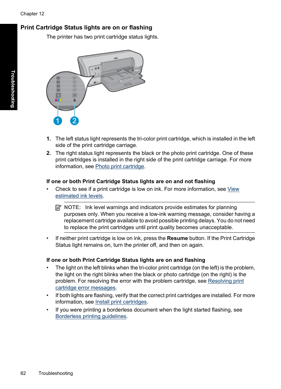 Print cartridge status lights are on or flashing | HP Deskjet D4363 Printer User Manual | Page 85 / 137