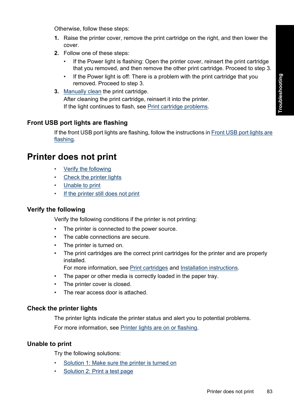 Front usb port lights are flashing, Printer does not print, Verify the following | Check the printer lights, Unable to print, Front usb port lights | HP Deskjet D4363 Printer User Manual | Page 86 / 137