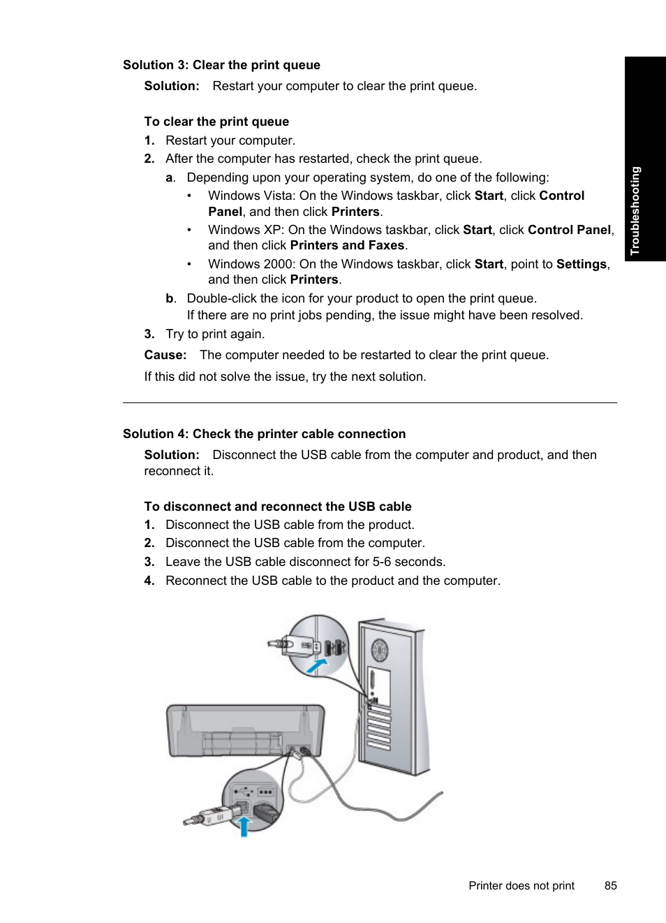 Solution 3: clear the print queue, Solution 4: check the printer cable connection | HP Deskjet D4363 Printer User Manual | Page 88 / 137