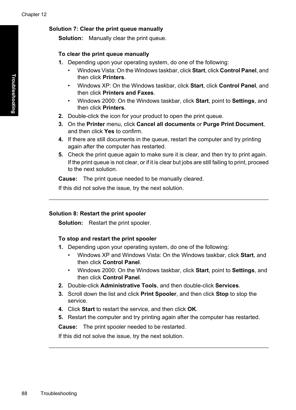 Solution 7: clear the print queue manually, Solution 8: restart the print spooler | HP Deskjet D4363 Printer User Manual | Page 91 / 137