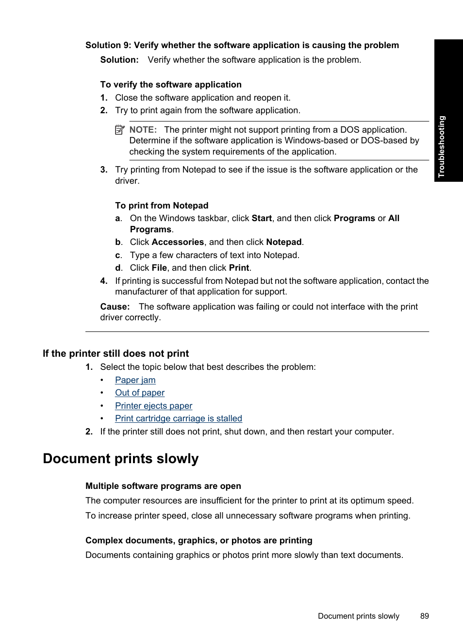 If the printer still does not print, Document prints slowly | HP Deskjet D4363 Printer User Manual | Page 92 / 137