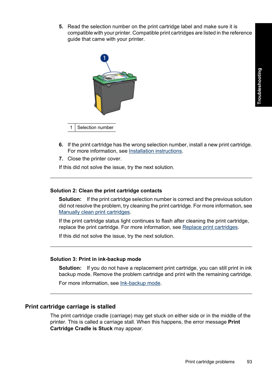 Print cartridge carriage is stalled, Print, Cartridge carriage is stalled | Print cartridge carriage is, Stalled | HP Deskjet D4363 Printer User Manual | Page 96 / 137