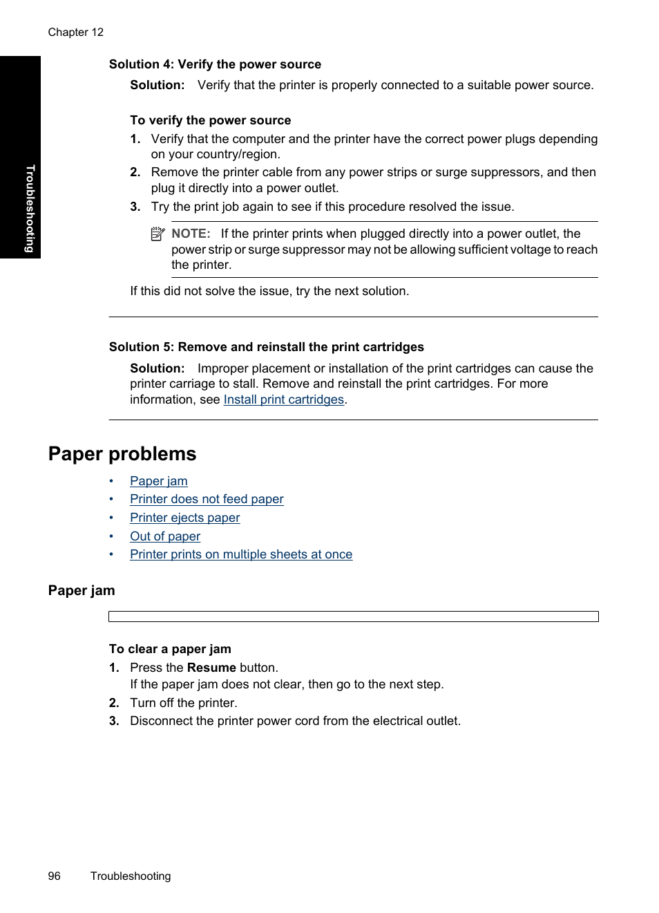 Paper problems, Paper jam, Solution 4: verify the power source | Paper | HP Deskjet D4363 Printer User Manual | Page 99 / 137