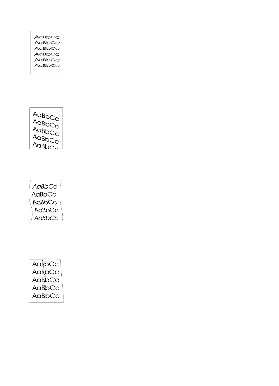 Curl or wave, Misformed characters, Wrinkles or creases | Page skew | HP LaserJet 1100 All-in-One Printer series User Manual | Page 88 / 198