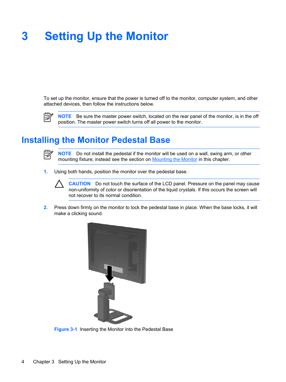 Setting up the monitor, Installing the monitor pedestal base, 3 setting up the monitor | 3setting up the monitor | HP LP3065c 30 inch LCD Monitor User Manual | Page 10 / 33