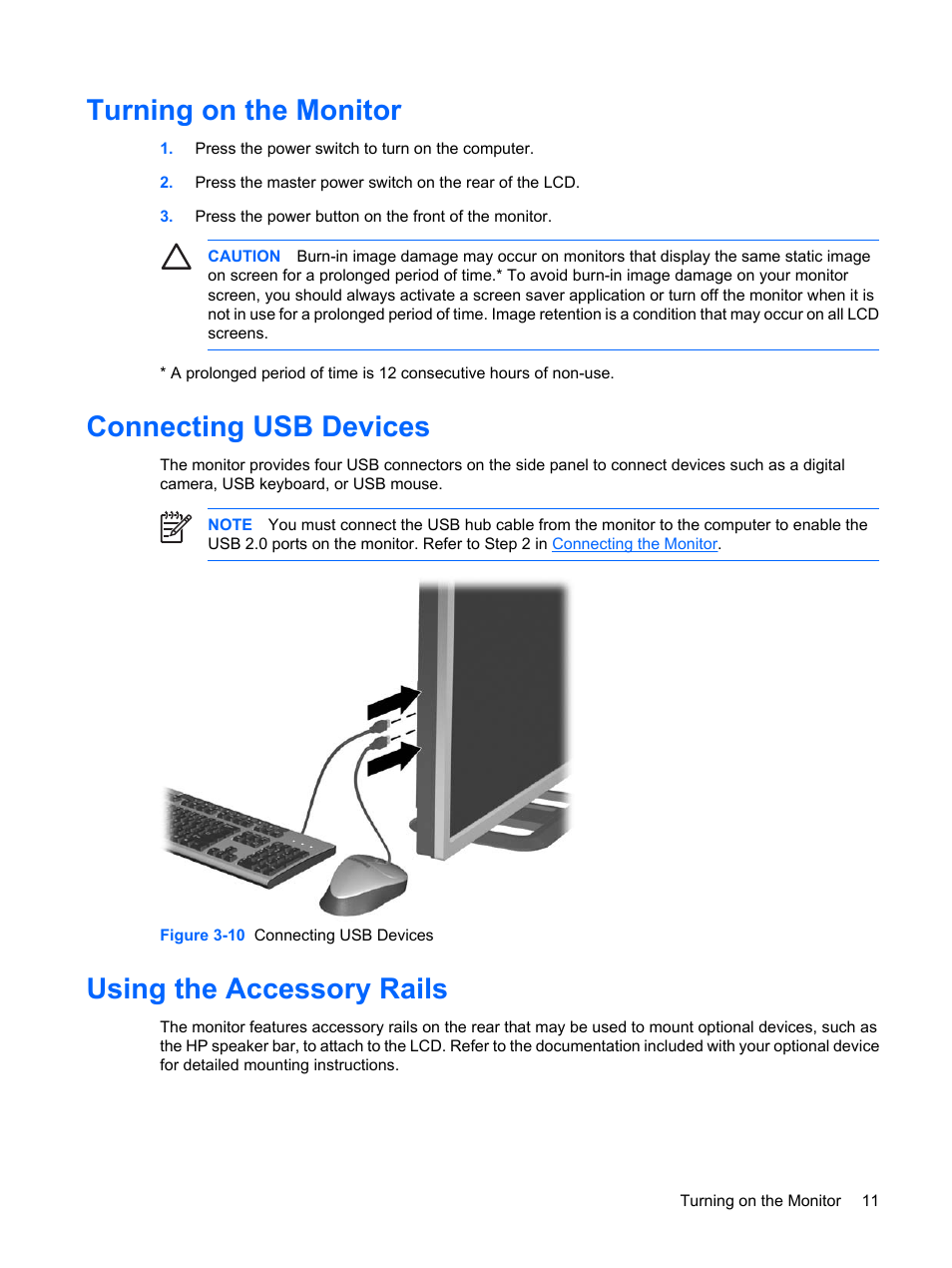 Turning on the monitor, Connecting usb devices, Using the accessory rails | HP LP3065c 30 inch LCD Monitor User Manual | Page 17 / 33