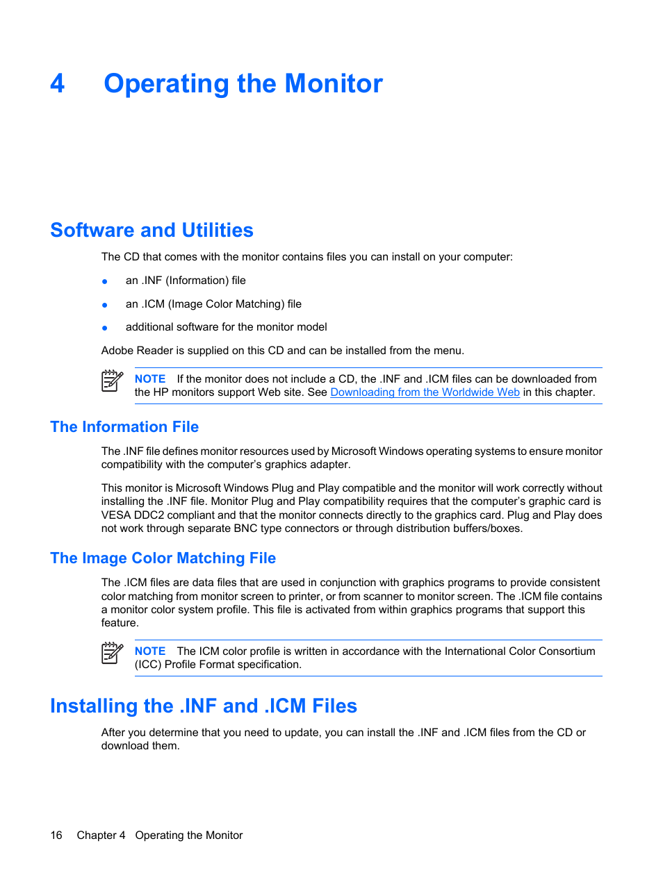Operating the monitor, Software and utilities, The information file | The image color matching file, Installing the .inf and .icm files, 4 operating the monitor, The information file the image color matching file, 4operating the monitor | HP LP3065c 30 inch LCD Monitor User Manual | Page 22 / 33