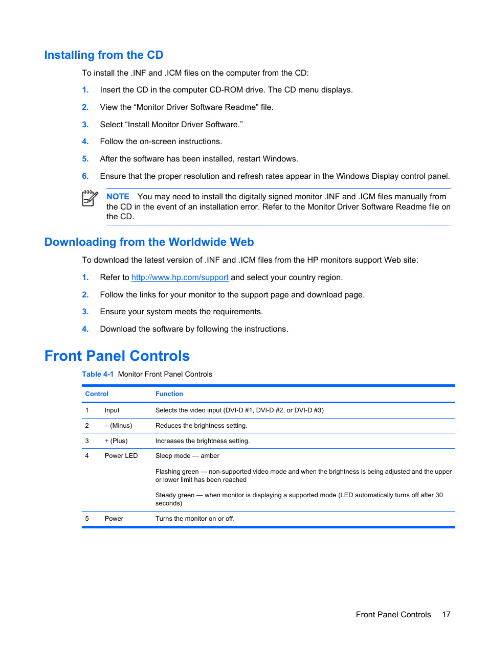 Installing from the cd, Downloading from the worldwide web, Front panel controls | HP LP3065c 30 inch LCD Monitor User Manual | Page 23 / 33
