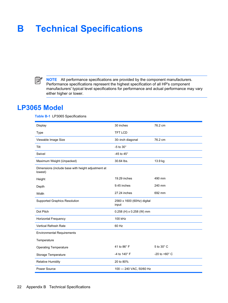 Technical specifications, Lp3065 model, Appendix b technical specifications | Btechnical specifications | HP LP3065c 30 inch LCD Monitor User Manual | Page 28 / 33
