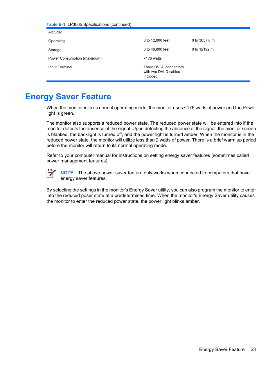 Energy saver feature | HP LP3065c 30 inch LCD Monitor User Manual | Page 29 / 33