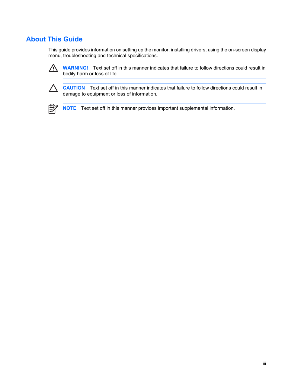 About this guide | HP LP3065c 30 inch LCD Monitor User Manual | Page 3 / 33