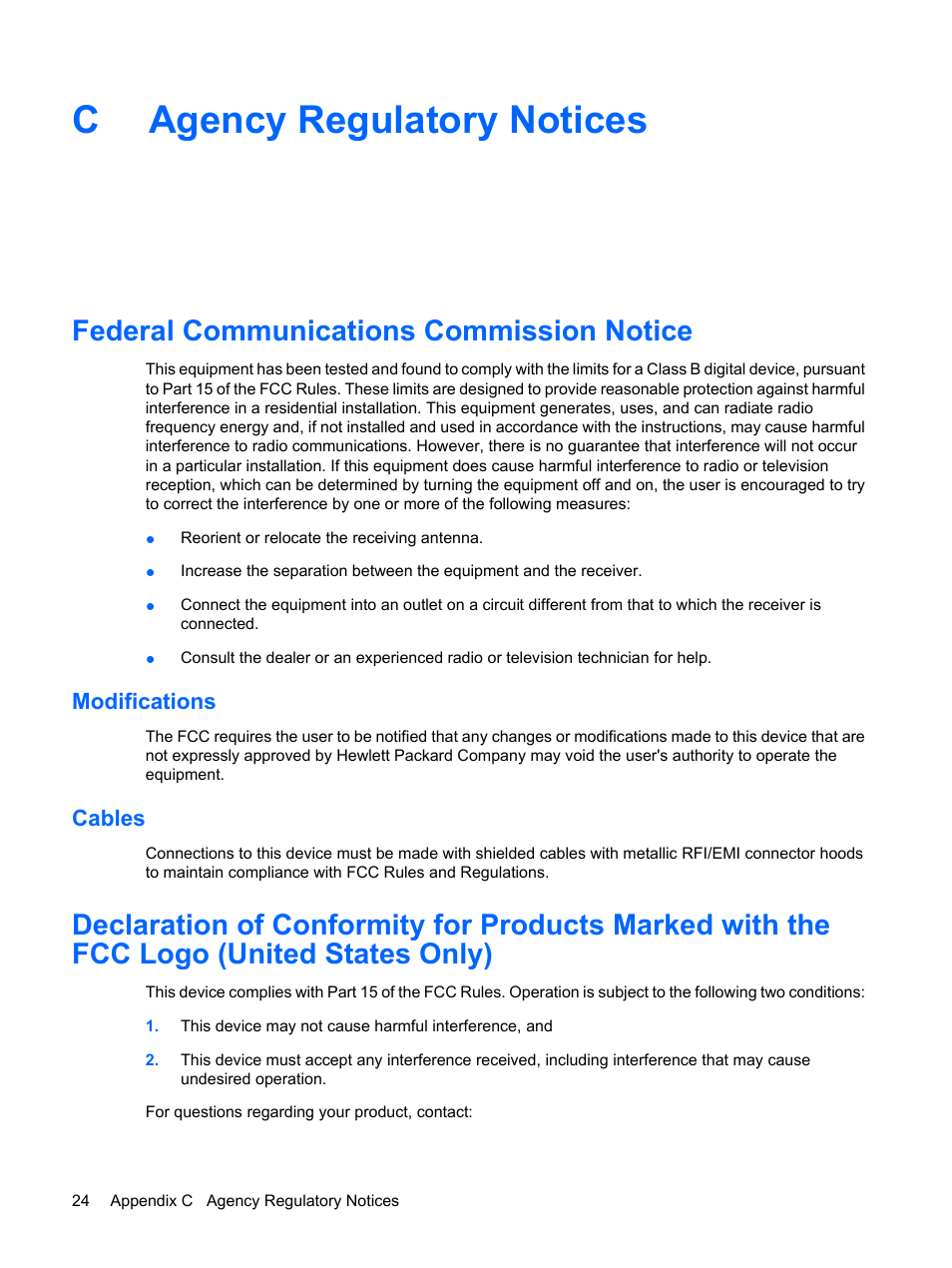Agency regulatory notices, Federal communications commission notice, Modifications | Cables, Appendix c agency regulatory notices, Modifications cables, Cagency regulatory notices | HP LP3065c 30 inch LCD Monitor User Manual | Page 30 / 33