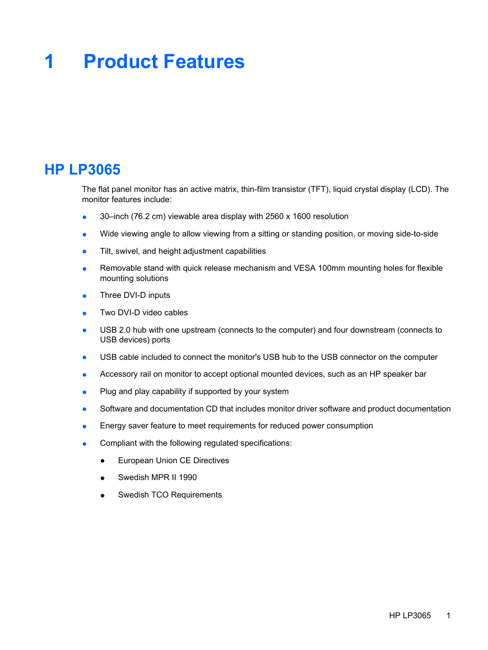 Product features, Hp lp3065, 1 product features | 1product features | HP LP3065c 30 inch LCD Monitor User Manual | Page 7 / 33