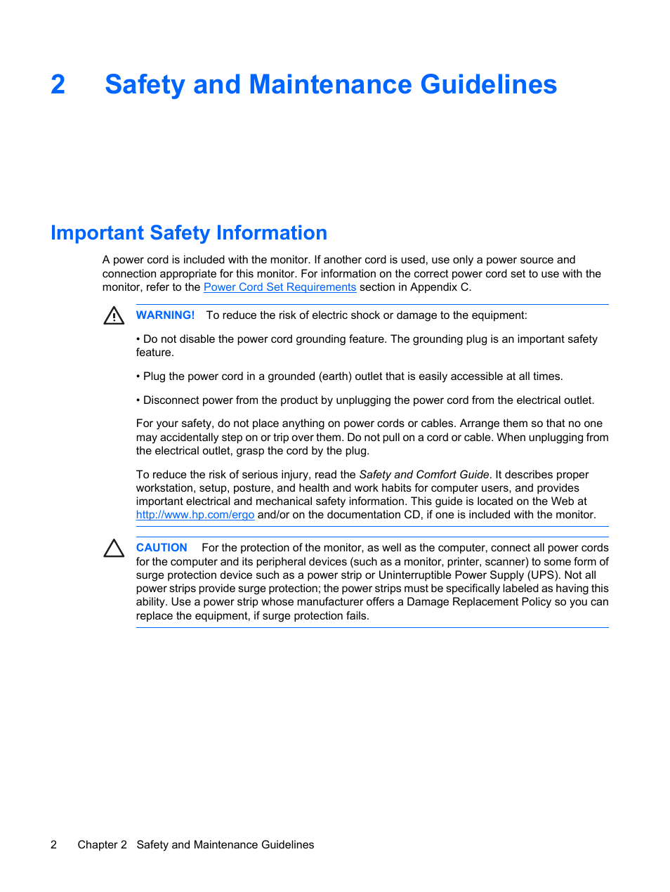 Safety and maintenance guidelines, Important safety information, 2 safety and maintenance guidelines | 2safety and maintenance guidelines | HP LP3065c 30 inch LCD Monitor User Manual | Page 8 / 33