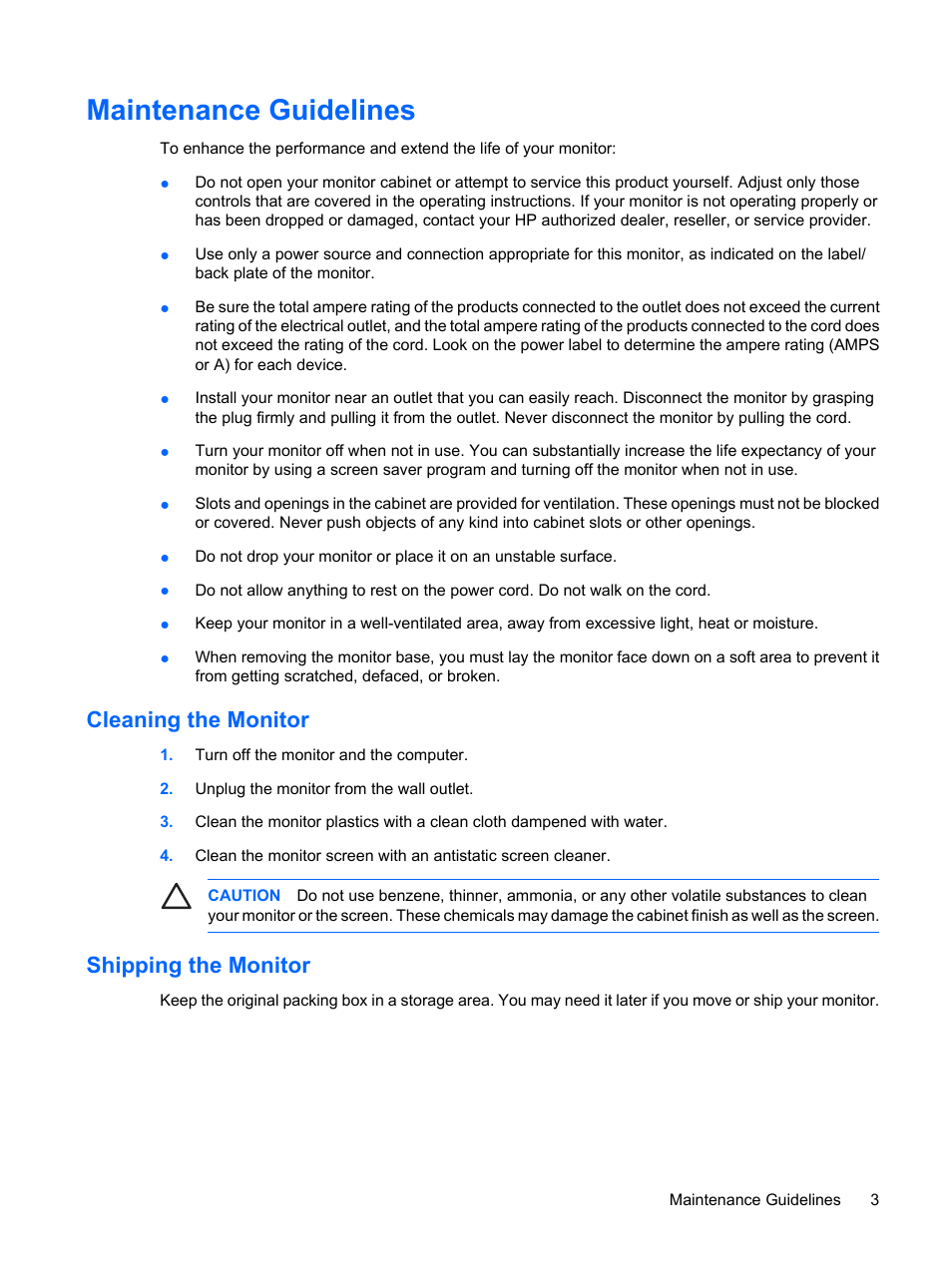 Maintenance guidelines, Cleaning the monitor, Shipping the monitor | Cleaning the monitor shipping the monitor | HP LP3065c 30 inch LCD Monitor User Manual | Page 9 / 33