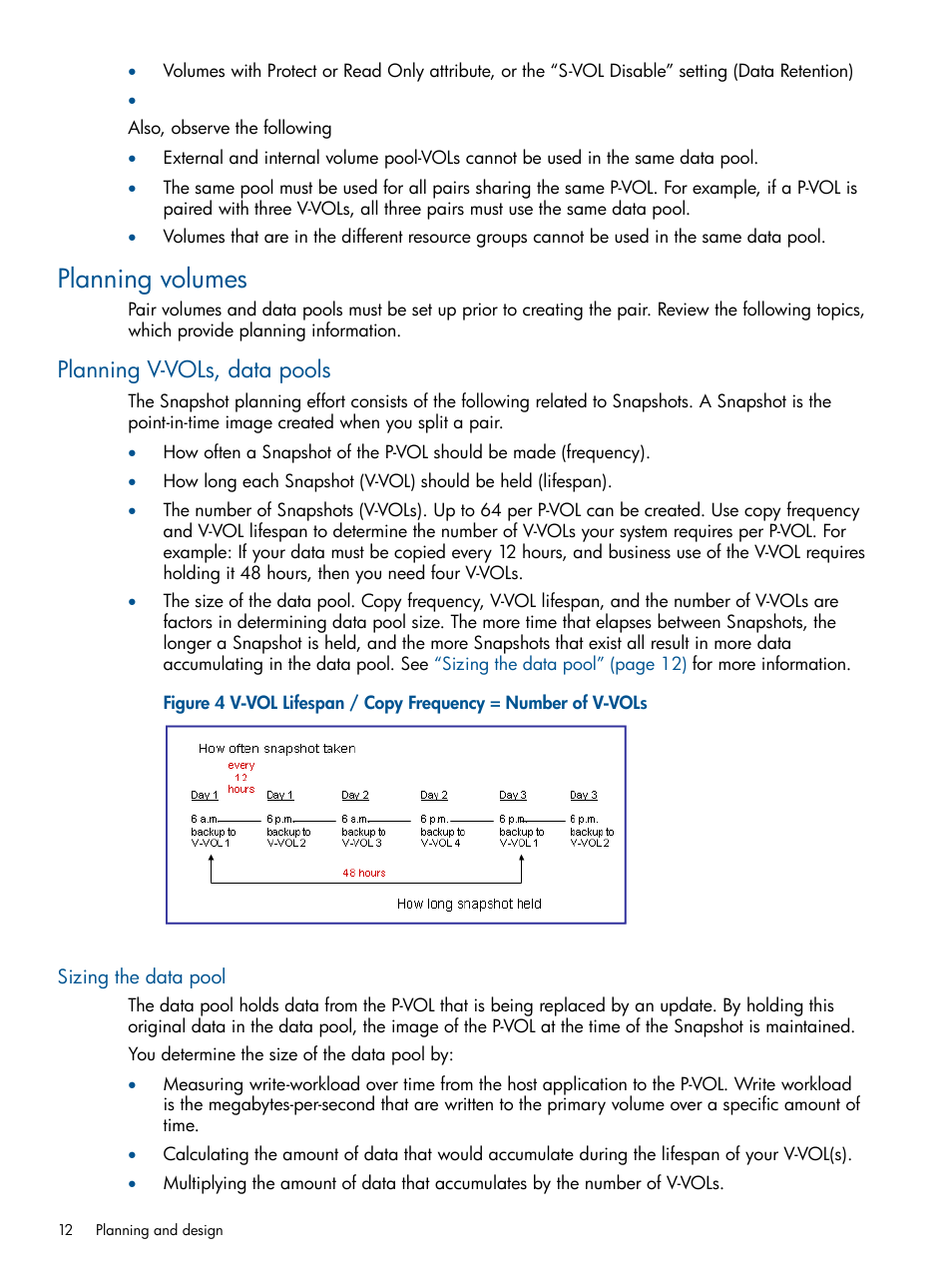 Planning volumes, Planning v-vols, data pools, Sizing the data pool | HP XP RAID Manager Software User Manual | Page 12 / 98