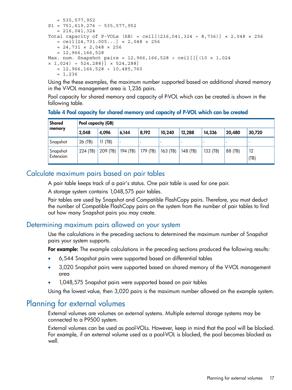 Calculate maximum pairs based on pair tables, Determining maximum pairs allowed on your system, Planning for external volumes | HP XP RAID Manager Software User Manual | Page 17 / 98