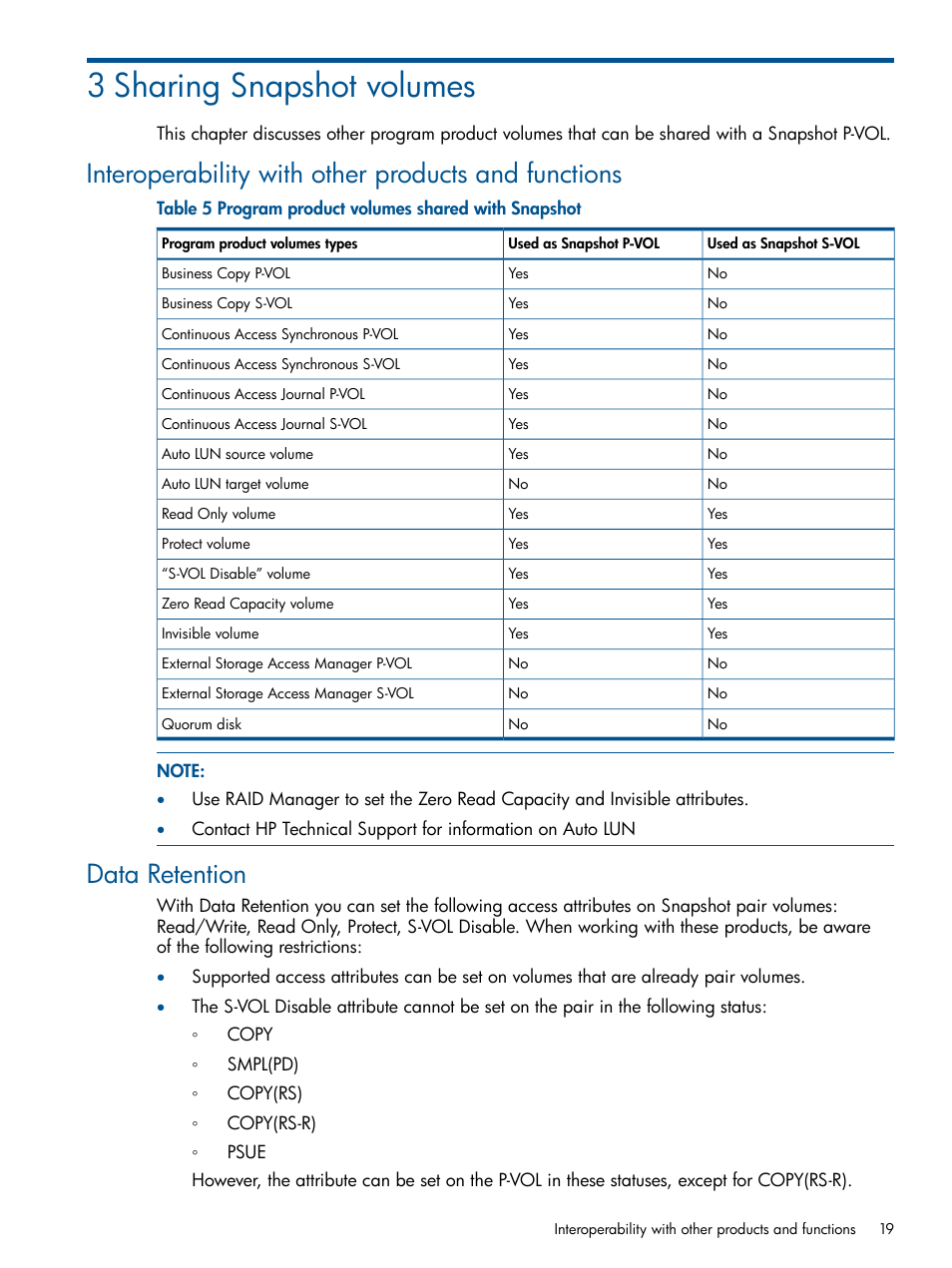 3 sharing snapshot volumes, Interoperability with other products and functions, Data retention | HP XP RAID Manager Software User Manual | Page 19 / 98