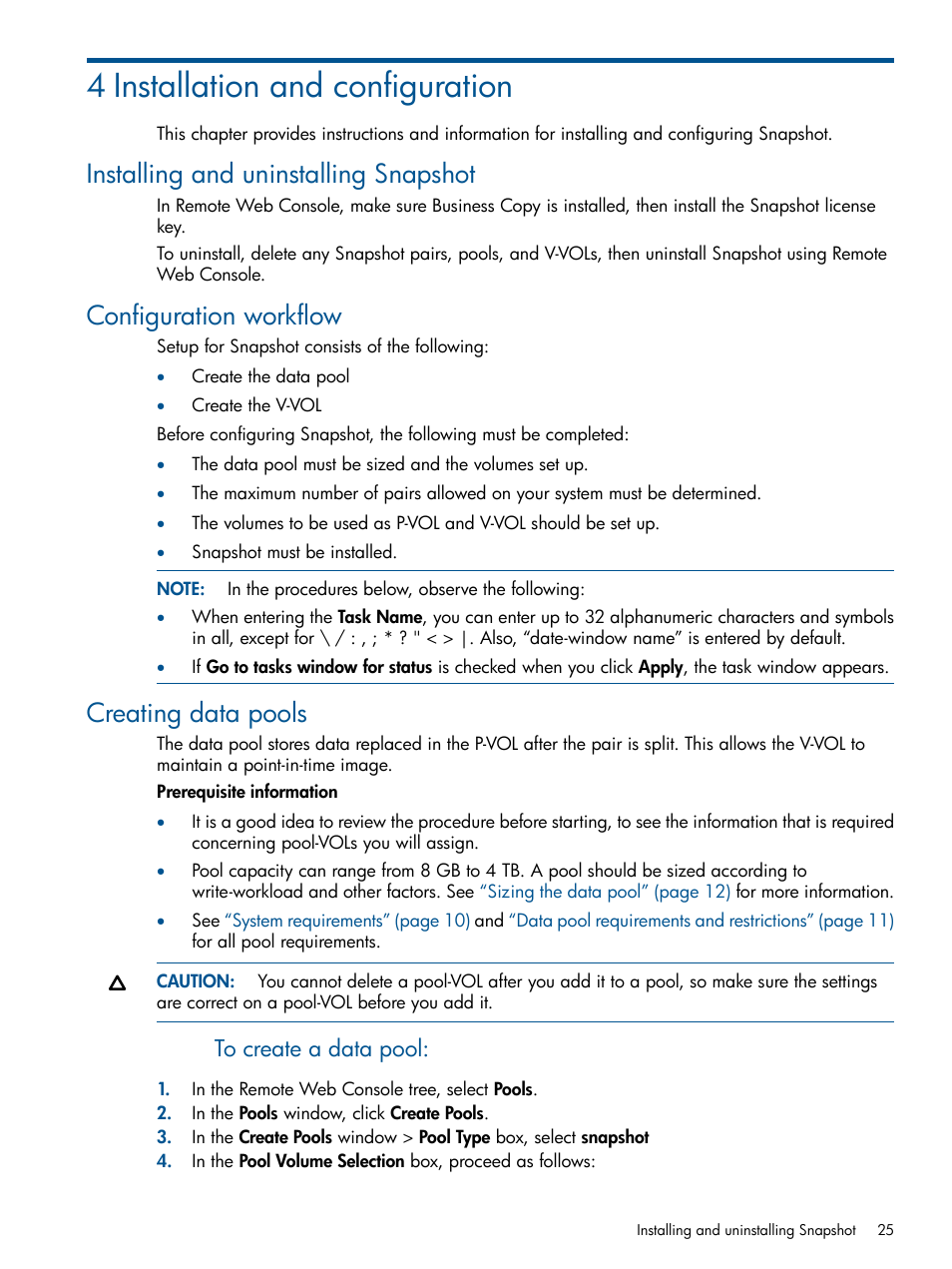 4 installation and configuration, Installing and uninstalling snapshot, Configuration workflow | Creating data pools | HP XP RAID Manager Software User Manual | Page 25 / 98