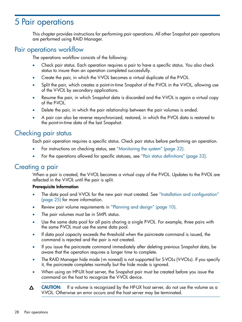 5 pair operations, Pair operations workflow, Checking pair status | Creating a pair | HP XP RAID Manager Software User Manual | Page 28 / 98