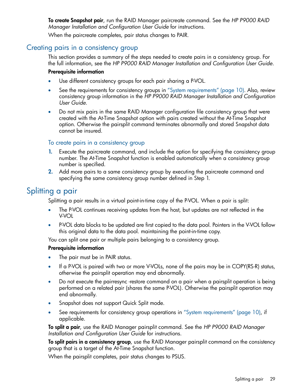 Creating pairs in a consistency group, Splitting a pair | HP XP RAID Manager Software User Manual | Page 29 / 98
