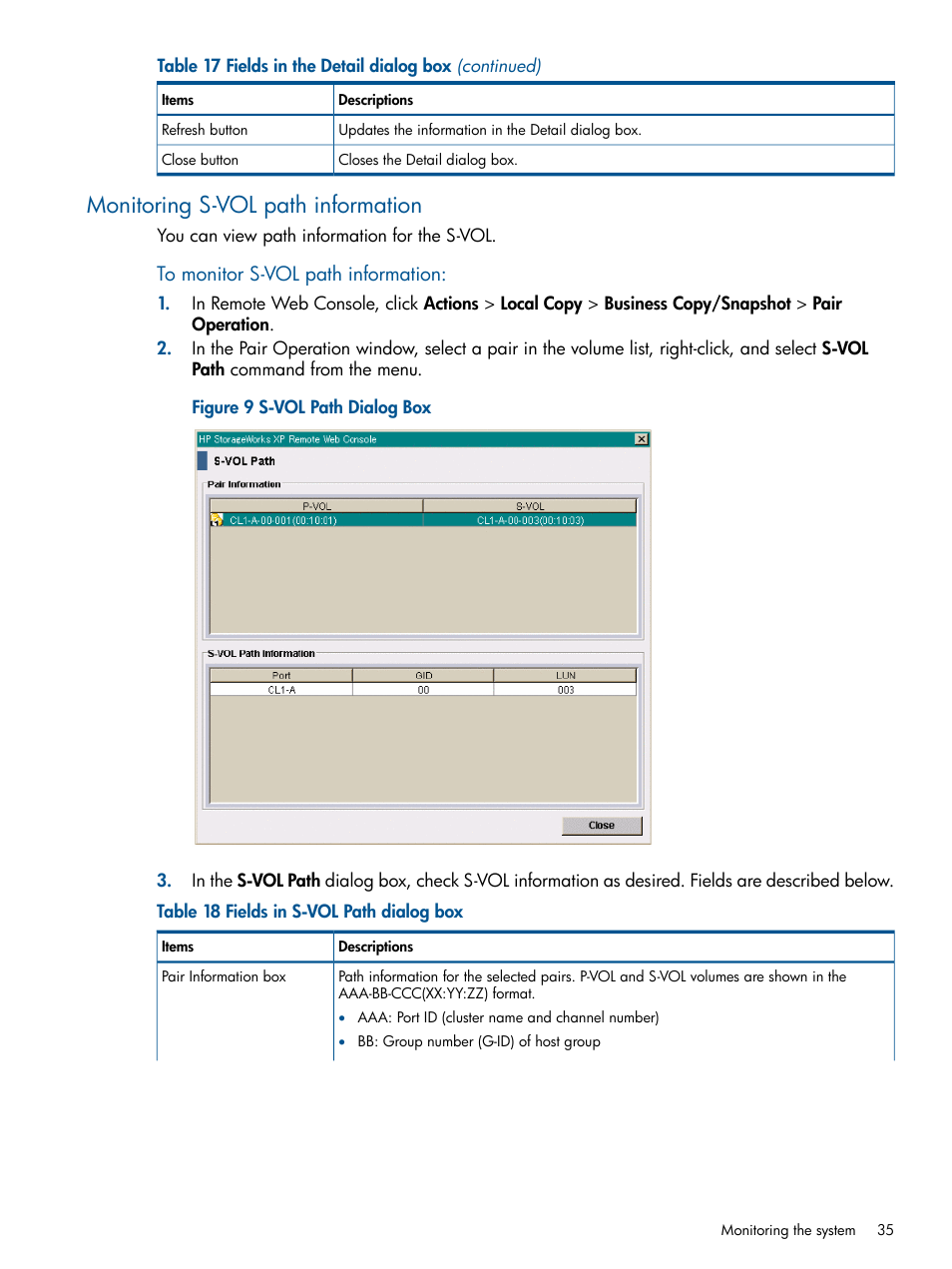 Monitoring s-vol path information | HP XP RAID Manager Software User Manual | Page 35 / 98